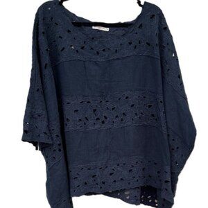 Mes Demoiselles Blue Cotton Top Blouse Embroidered  RAPHAELLE